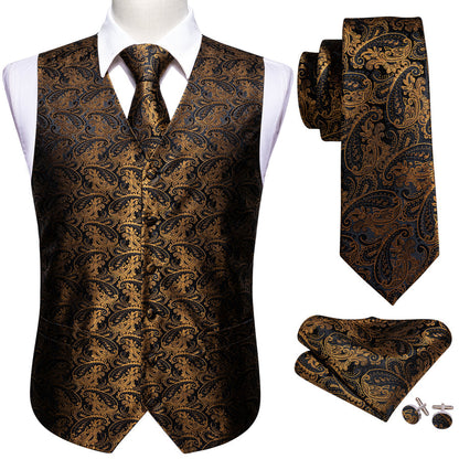 New Black Brown Paisley Jacquard Silk Vest Set vest set    - Sophisticated Gentlemen