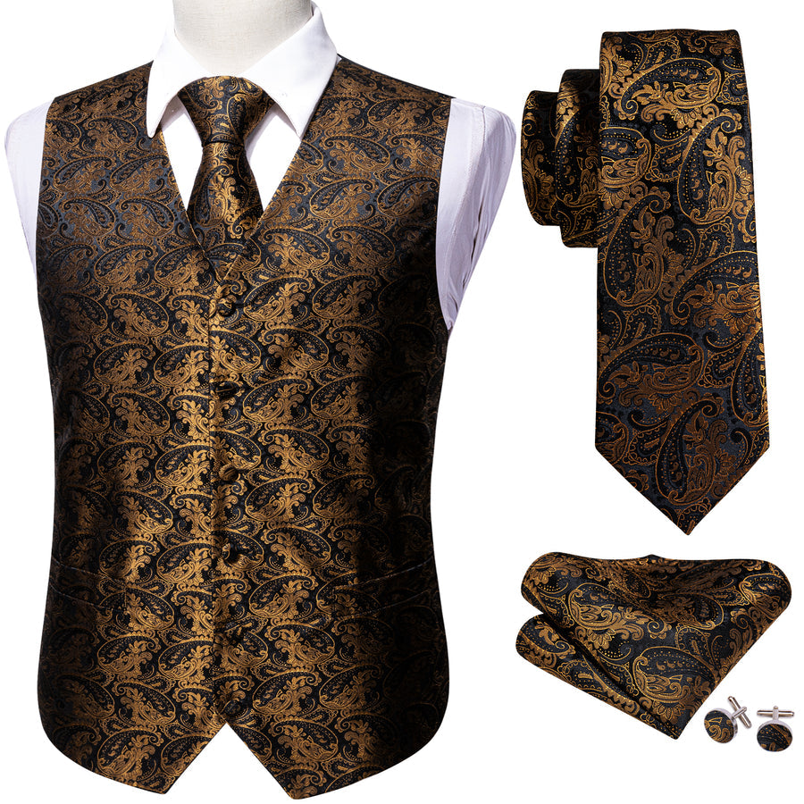 New Black Brown Paisley Jacquard Silk Vest Set vest set    - Sophisticated Gentlemen