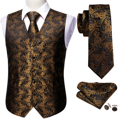 New Black Brown Paisley Jacquard Silk Vest Set vest set    - Sophisticated Gentlemen