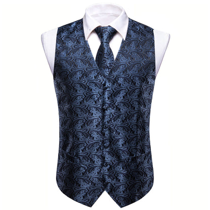 Dark Blue Paisley Jacquard Silk Vest Set vest set    - Sophisticated Gentlemen