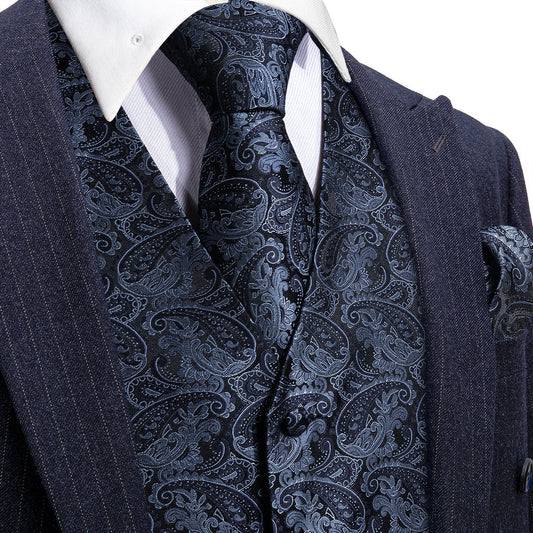 Dark Blue Paisley Jacquard Silk Vest Set vest set S (Chest 40")   - Sophisticated Gentlemen