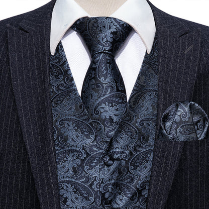 Dark Blue Paisley Jacquard Silk Vest Set vest set    - Sophisticated Gentlemen