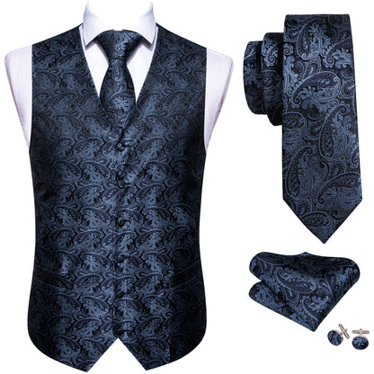 Dark Blue Paisley Jacquard Silk Vest Set vest set    - Sophisticated Gentlemen