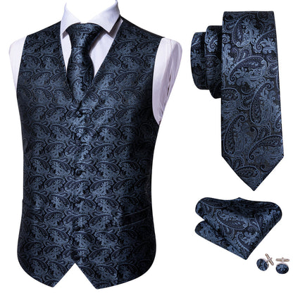 Dark Blue Paisley Jacquard Silk Vest Set vest set    - Sophisticated Gentlemen