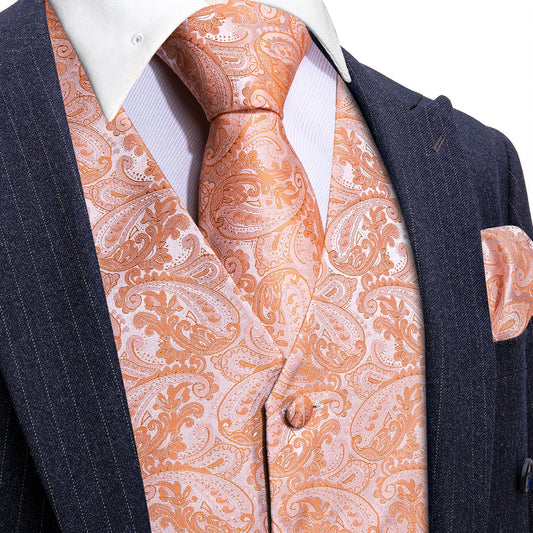 Orange Purple Paisley Jacquard Silk Vest Set vest set S (Chest 40")   - Sophisticated Gentlemen