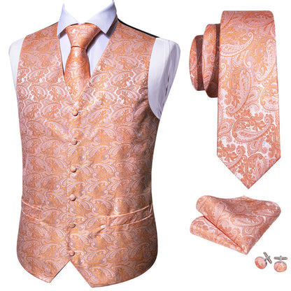 Orange Purple Paisley Jacquard Silk Vest Set vest set    - Sophisticated Gentlemen