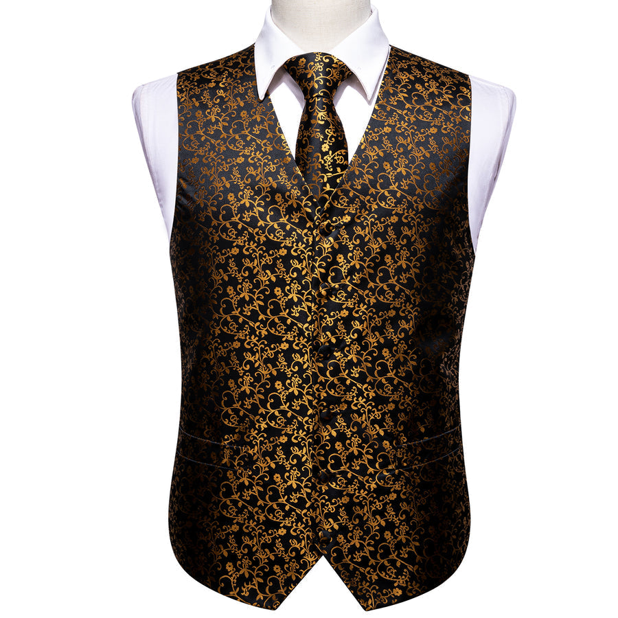 New Black Golden Floral Jacquard Silk Men's Vest Set vest set    - Sophisticated Gentlemen