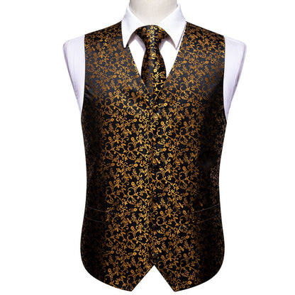 New Black Golden Floral Jacquard Silk Men's Vest Set vest set    - Sophisticated Gentlemen