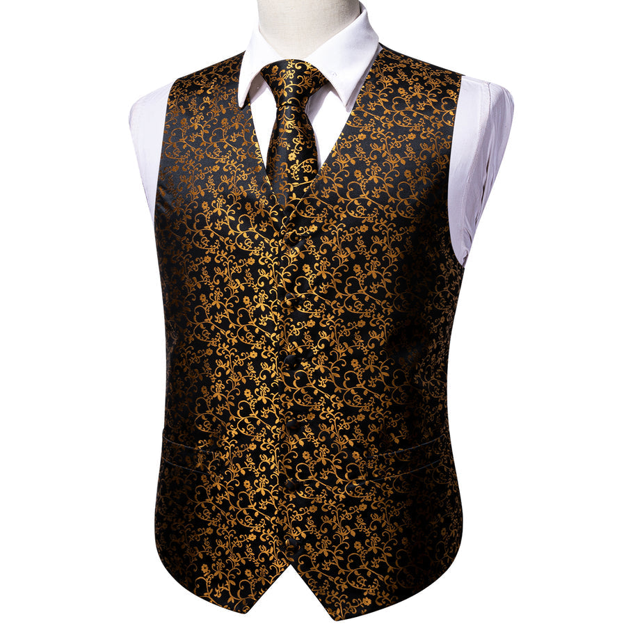 New Black Golden Floral Jacquard Silk Men's Vest Set vest set    - Sophisticated Gentlemen