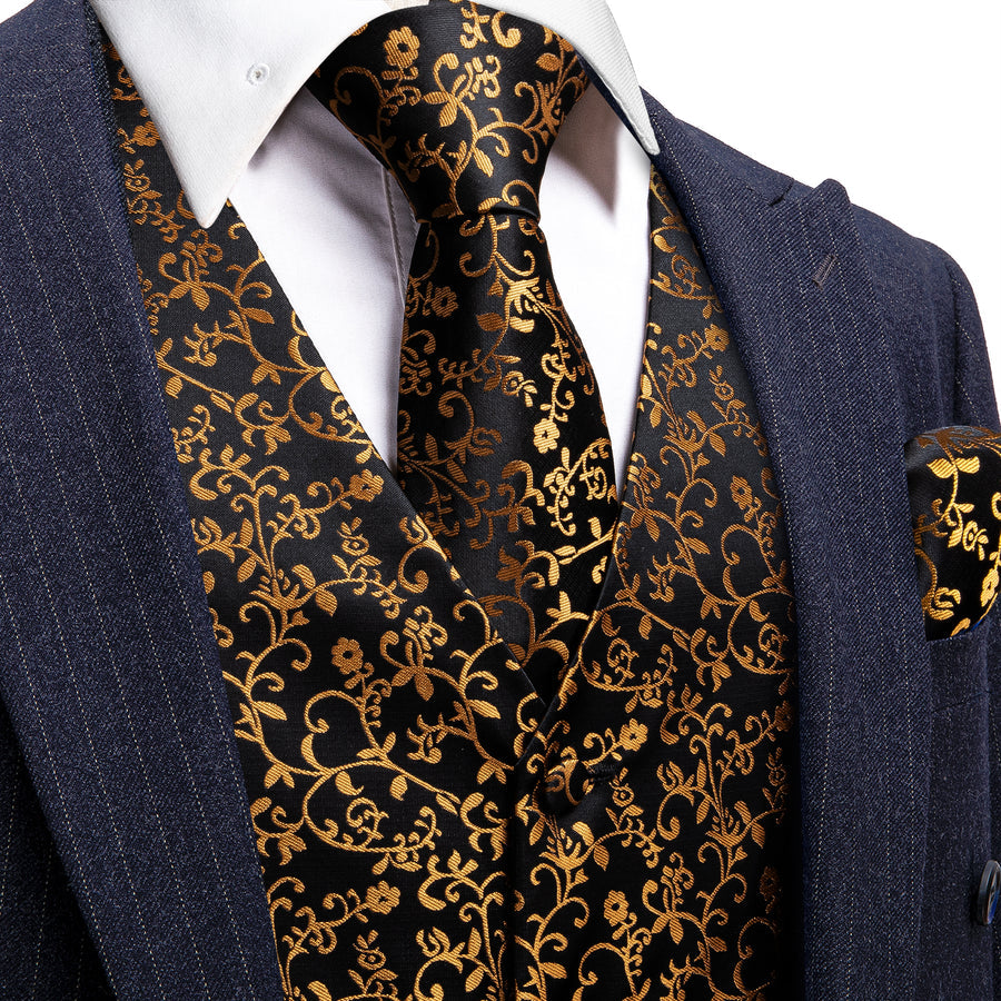 New Black Golden Floral Jacquard Silk Men's Vest Set vest set S (Chest 40")   - Sophisticated Gentlemen