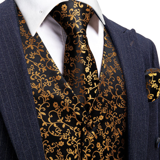 New Black Golden Floral Jacquard Silk Men's Vest Set vest set S (Chest 40")   - Sophisticated Gentlemen