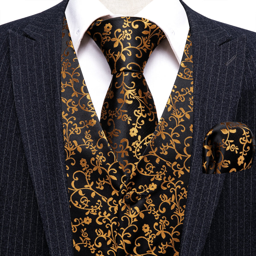 New Black Golden Floral Jacquard Silk Men's Vest Set vest set    - Sophisticated Gentlemen