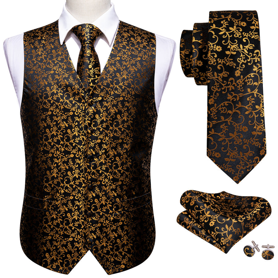 New Black Golden Floral Jacquard Silk Men's Vest Set vest set    - Sophisticated Gentlemen