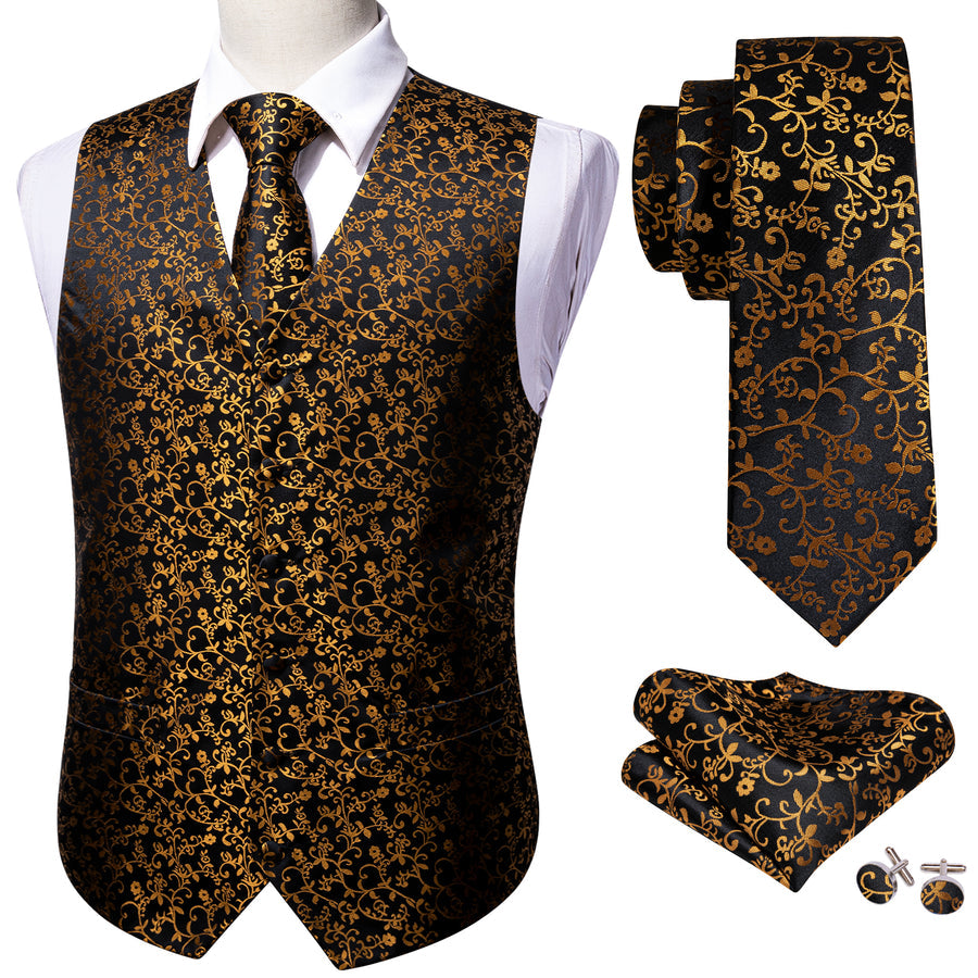 New Black Golden Floral Jacquard Silk Men's Vest Set vest set    - Sophisticated Gentlemen
