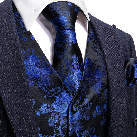 Black Blue Peony Floral Jacquard Silk Vest Set vest set S (Chest 40")   - Sophisticated Gentlemen