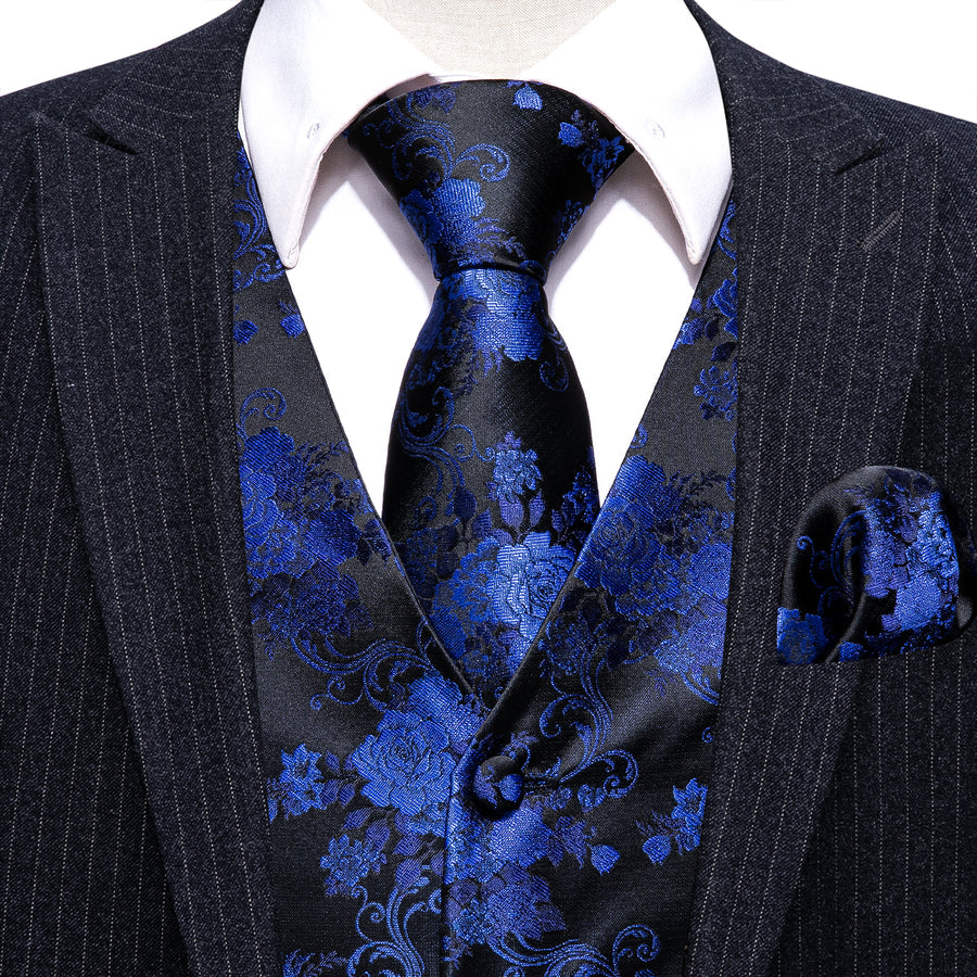 Black Blue Peony Floral Jacquard Silk Vest Set vest set    - Sophisticated Gentlemen