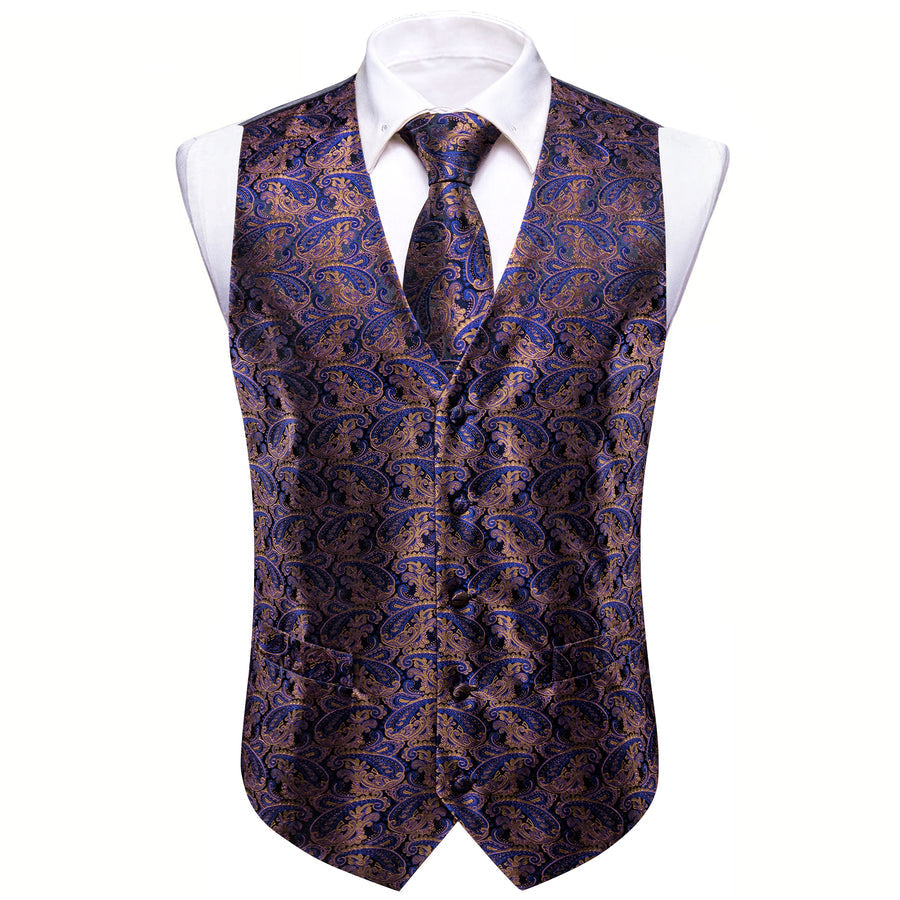 New Blue Brown Paisley Jacquard Silk Men's Vest Set vest set    - Sophisticated Gentlemen