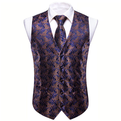 New Blue Brown Paisley Jacquard Silk Men's Vest Set vest set    - Sophisticated Gentlemen