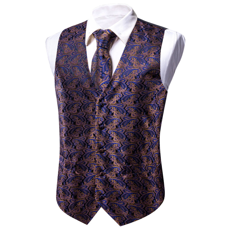 New Blue Brown Paisley Jacquard Silk Men's Vest Set vest set    - Sophisticated Gentlemen