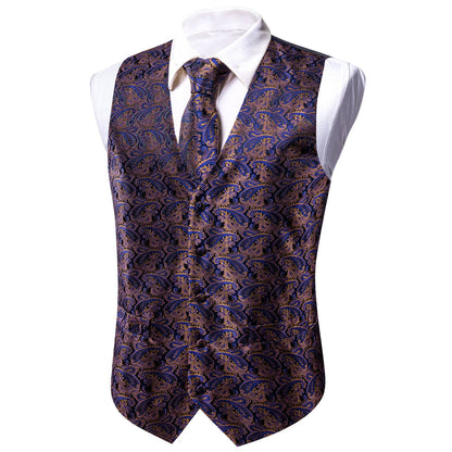 New Blue Brown Paisley Jacquard Silk Men's Vest Set vest set    - Sophisticated Gentlemen