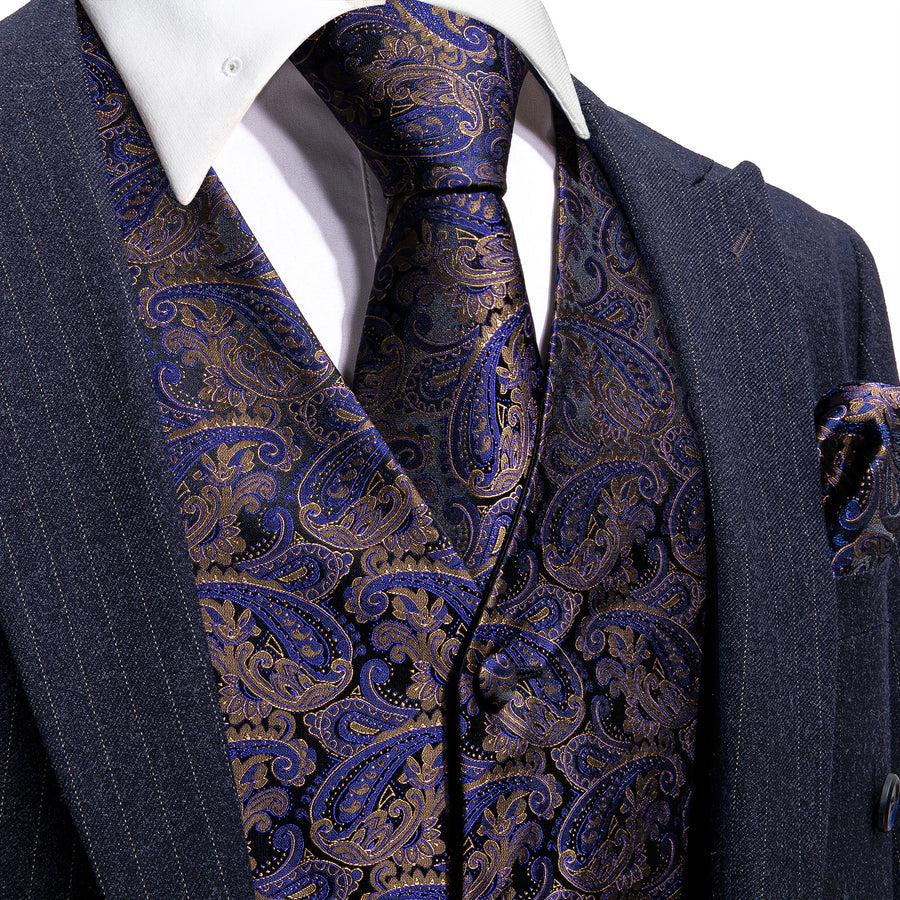 New Blue Brown Paisley Jacquard Silk Men's Vest Set vest set S (Chest 40")   - Sophisticated Gentlemen
