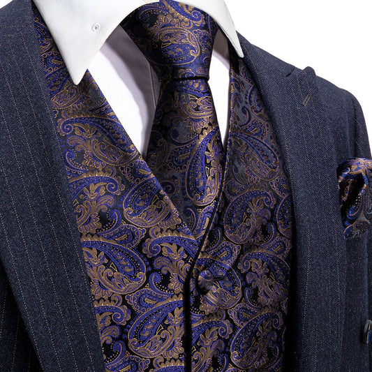 New Blue Brown Paisley Jacquard Silk Men's Vest Set vest set S (Chest 40")   - Sophisticated Gentlemen