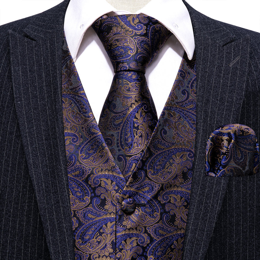 New Blue Brown Paisley Jacquard Silk Men's Vest Set vest set    - Sophisticated Gentlemen
