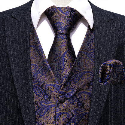 New Blue Brown Paisley Jacquard Silk Men's Vest Set vest set    - Sophisticated Gentlemen