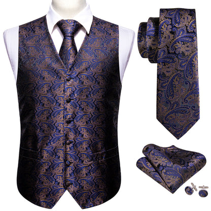 New Blue Brown Paisley Jacquard Silk Men's Vest Set vest set    - Sophisticated Gentlemen