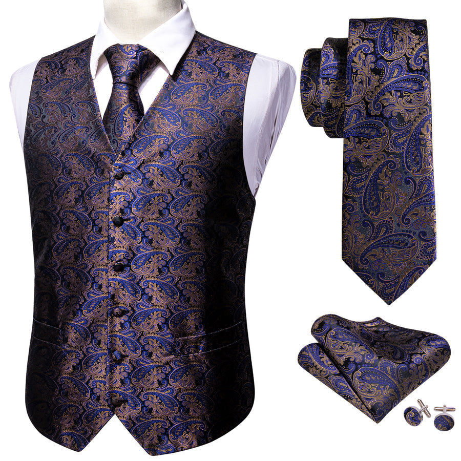 New Blue Brown Paisley Jacquard Silk Men's Vest Set vest set    - Sophisticated Gentlemen