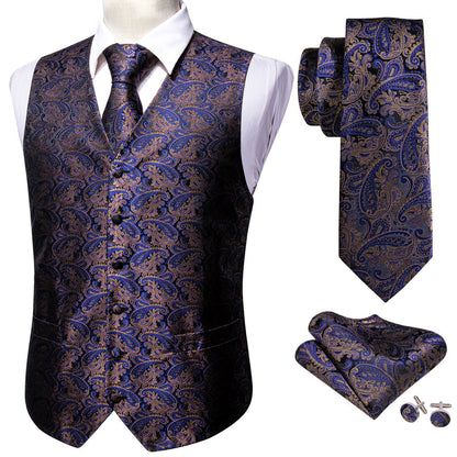 New Blue Brown Paisley Jacquard Silk Men's Vest Set vest set    - Sophisticated Gentlemen