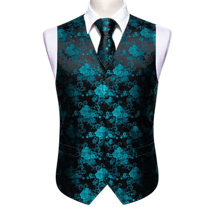 Black Lake Blue Peony Floral Jacquard Silk Vest Set vest set    - Sophisticated Gentlemen