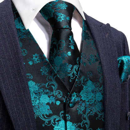 Black Lake Blue Peony Floral Jacquard Silk Vest Set vest set S (Chest 40")   - Sophisticated Gentlemen