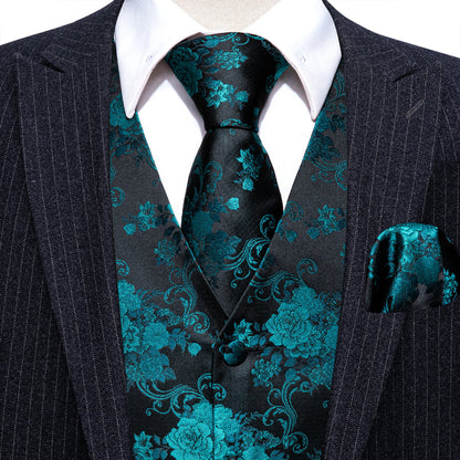 Black Lake Blue Peony Floral Jacquard Silk Vest Set vest set    - Sophisticated Gentlemen
