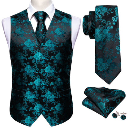 Black Lake Blue Peony Floral Jacquard Silk Vest Set vest set    - Sophisticated Gentlemen