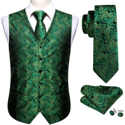 Black and Green Paisley Jacquard Silk Vest Set - 4 Piece vest set    - Sophisticated Gentlemen