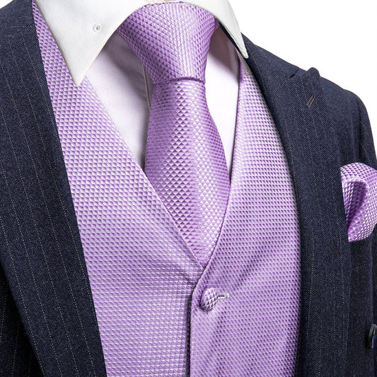 Light Purple Plaid Jacquard Silk Vest Set vest set S (Chest 40")   - Sophisticated Gentlemen