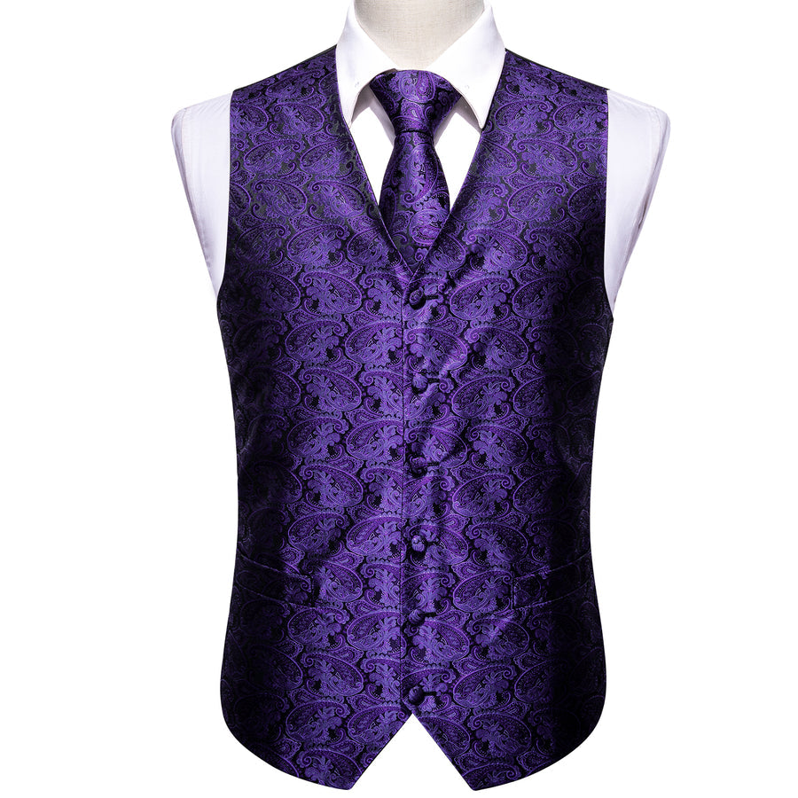 Dark Purple Paisley Jacquard Silk Vest Set vest set    - Sophisticated Gentlemen