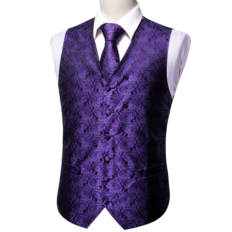 Dark Purple Paisley Jacquard Silk Vest Set vest set    - Sophisticated Gentlemen