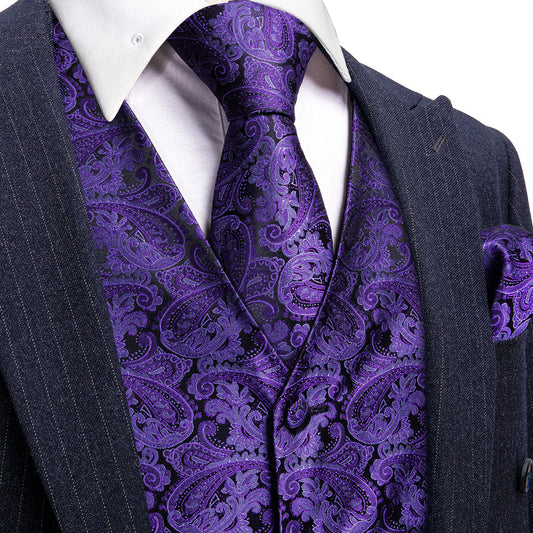 Dark Purple Paisley Jacquard Silk Vest Set vest set S (Chest 40")   - Sophisticated Gentlemen