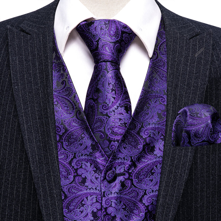 Dark Purple Paisley Jacquard Silk Vest Set vest set    - Sophisticated Gentlemen