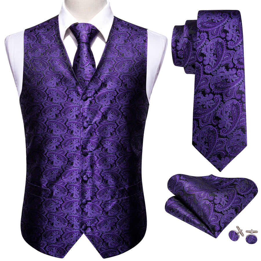 Dark Purple Paisley Jacquard Silk Vest Set vest set    - Sophisticated Gentlemen