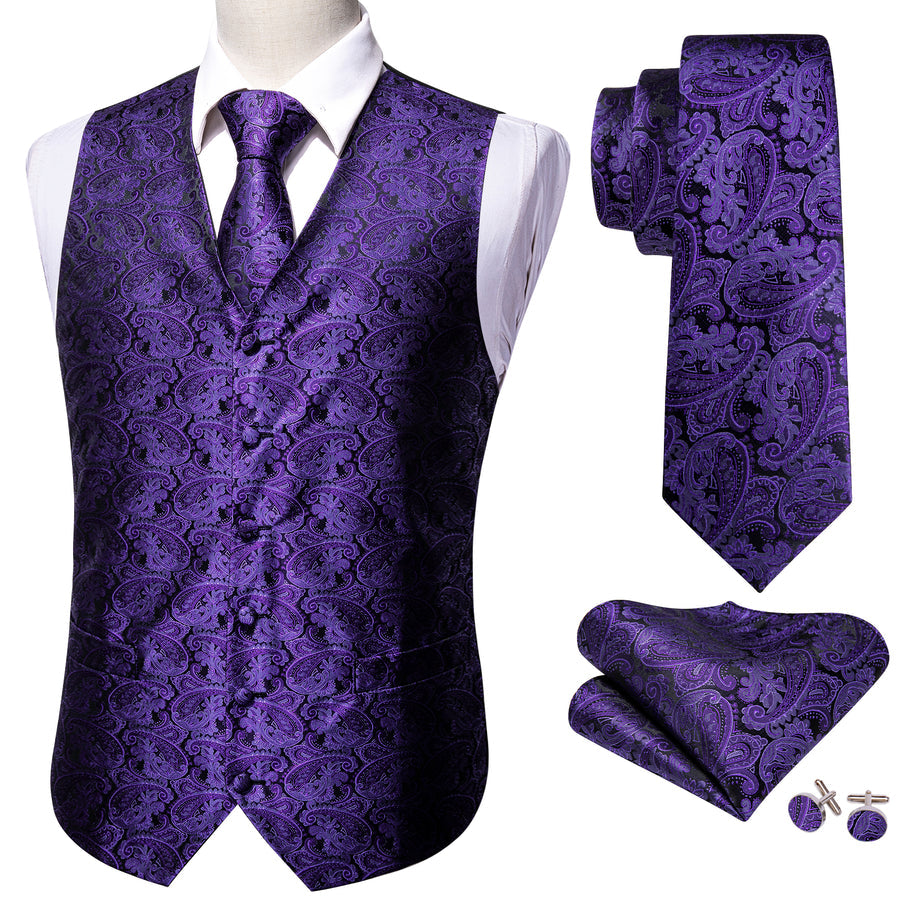 Dark Purple Paisley Jacquard Silk Vest Set vest set    - Sophisticated Gentlemen