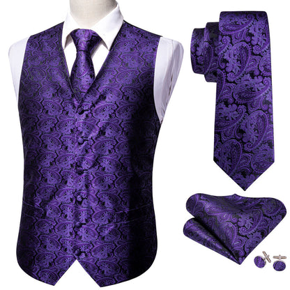 Dark Purple Paisley Jacquard Silk Vest Set vest set    - Sophisticated Gentlemen