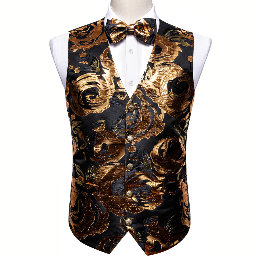 Luxury Black Golden Novelty Silk Vest Set vest set    - Sophisticated Gentlemen