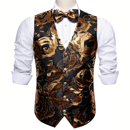 Luxury Black Golden Novelty Silk Vest Set vest set    - Sophisticated Gentlemen