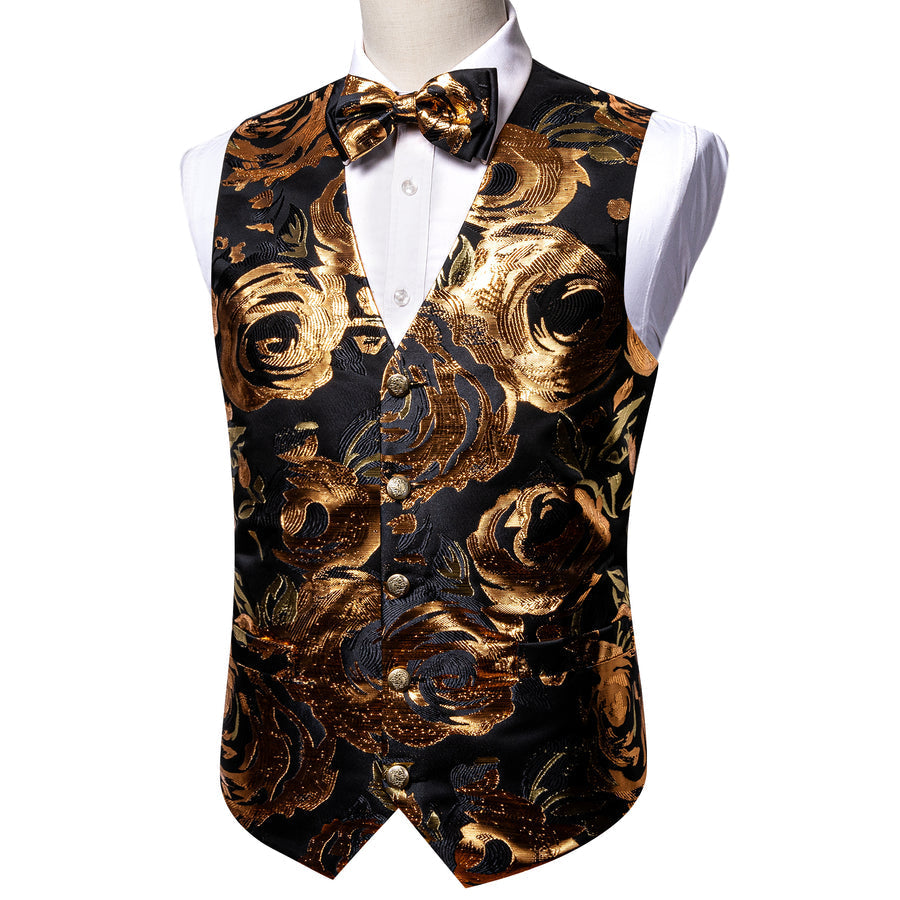 Luxury Black Golden Novelty Silk Vest Set vest set S (Chest 40")   - Sophisticated Gentlemen