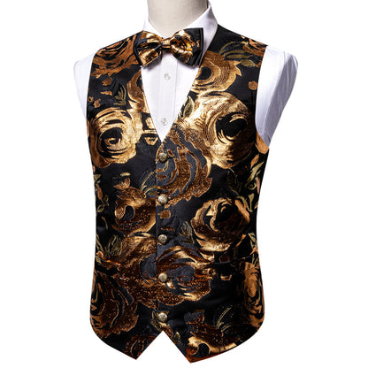 Luxury Black Golden Novelty Silk Vest Set vest set S (Chest 40")   - Sophisticated Gentlemen