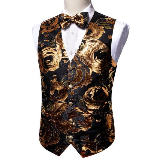 Luxury Black Golden Novelty Silk Vest Set vest set S (Chest 40")   - Sophisticated Gentlemen