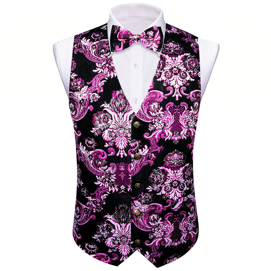 Black Pink Floral Silk Men's Bowtie Vest Set vest set    - Sophisticated Gentlemen